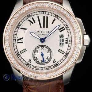 Alternative view of Cartier replica calibre skeletron rose gold strip leather white dial imitazione copia